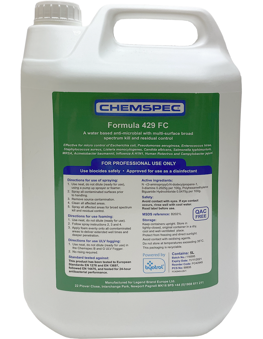 NIMBUS | Chemspec Formula 429 Fc 5L C-F42945Fc | antimicrobial, Chemicals, Chemspec, Chemspec Chemicals, Chemspec deodorisers, Chemspec deodrisers, Formula 429 Fc, Legend Brands Europe, Multibuy, residual control, spectrum kill, | CHEMSPEC